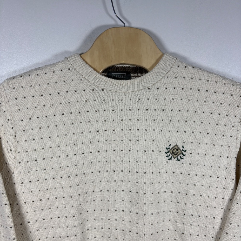 Vintage Haggar Tour Mens Large Cream Textured Knit Cotton Sweater Made in USA